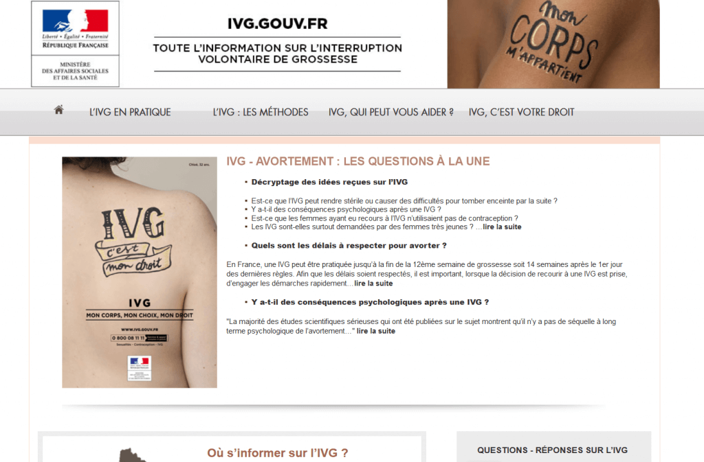 Homepage of the official website about abortion ivg.gouv.fr