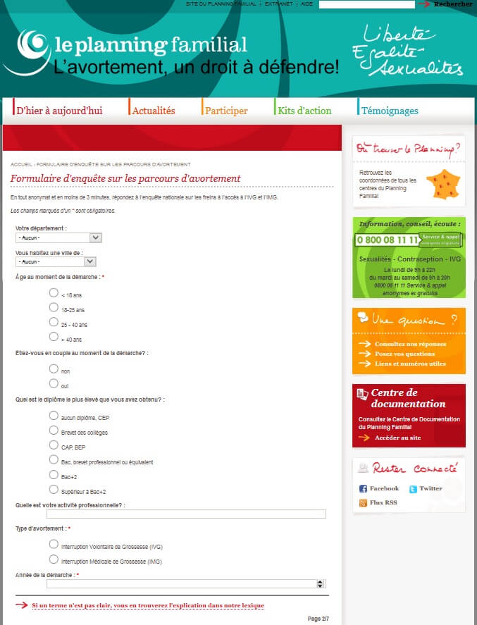 The Planning Familial website dedicated to abortion. A page of the survey.