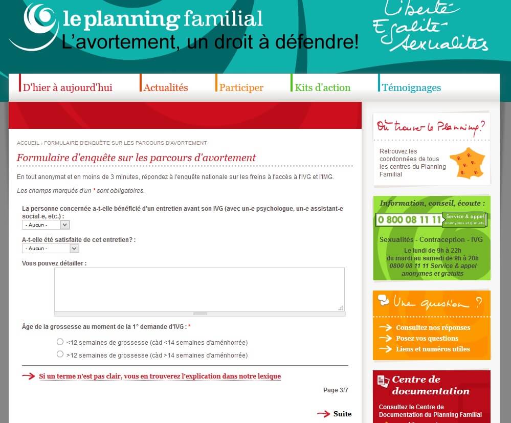 The Planning Familial website dedicated to abortion. A page of the survey.