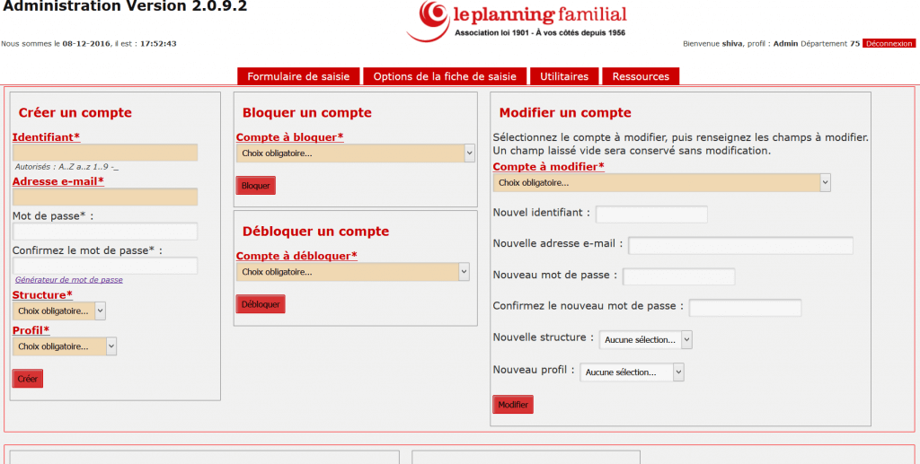 Helpline support software, administration page