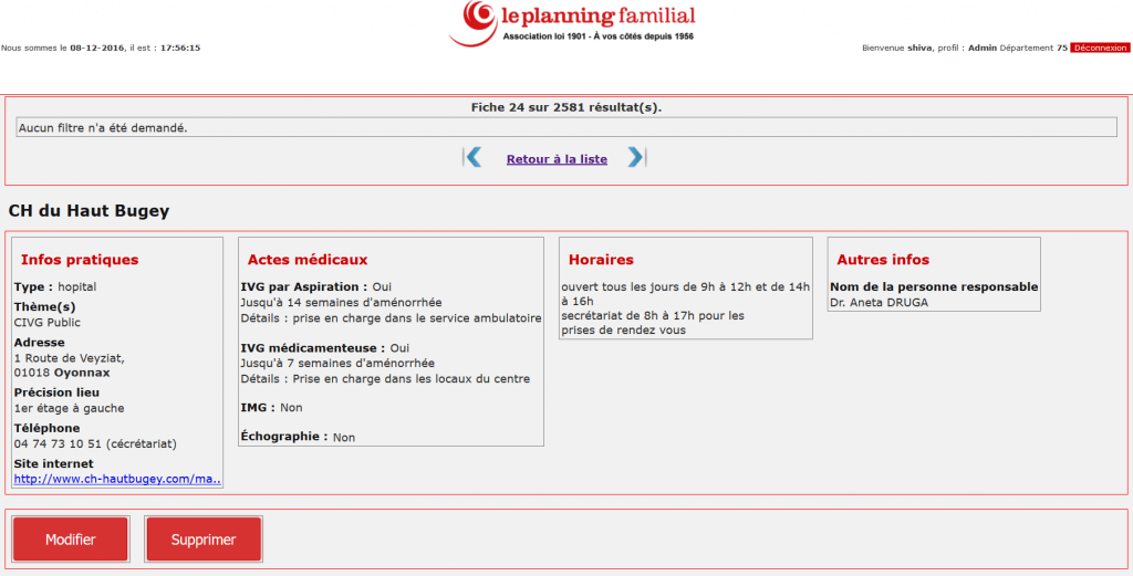 Helpline support software, directory section, details page