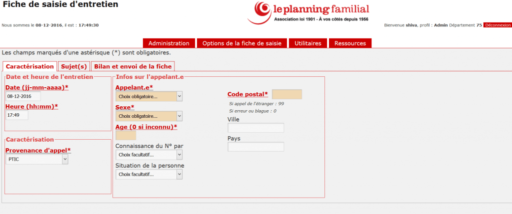 Helpline support software, input page, first tab
