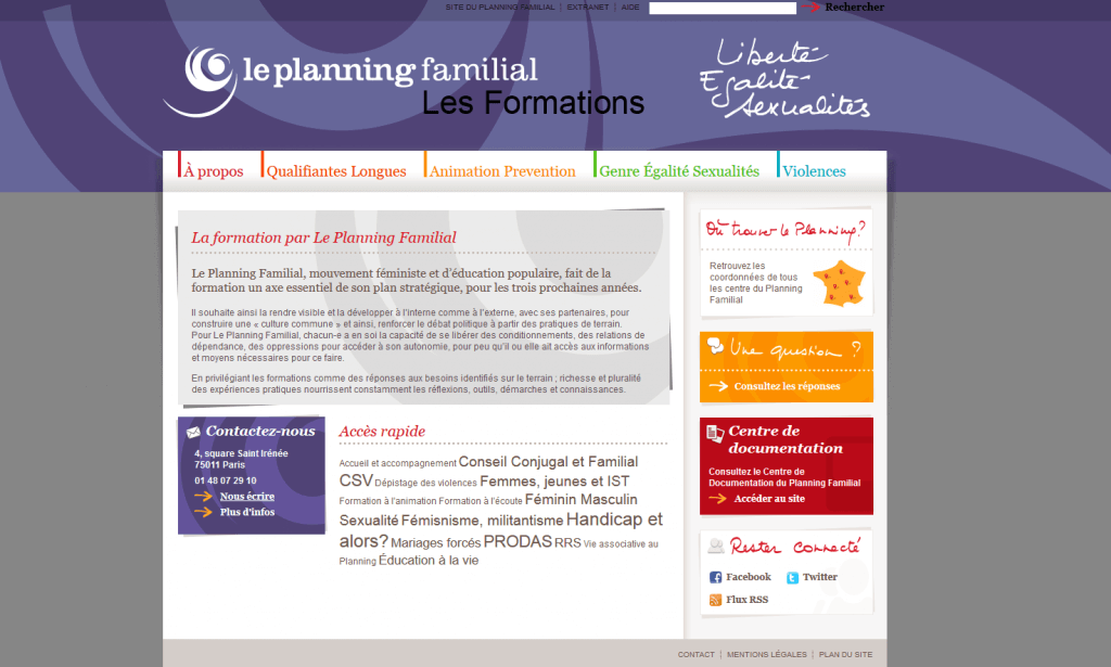 The Planning Familial website dedicated to trainings