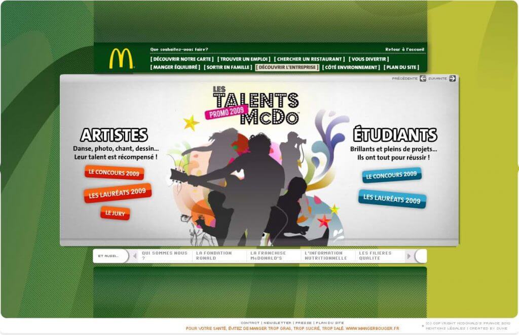 Mc Donald's website - Talents module, landing page